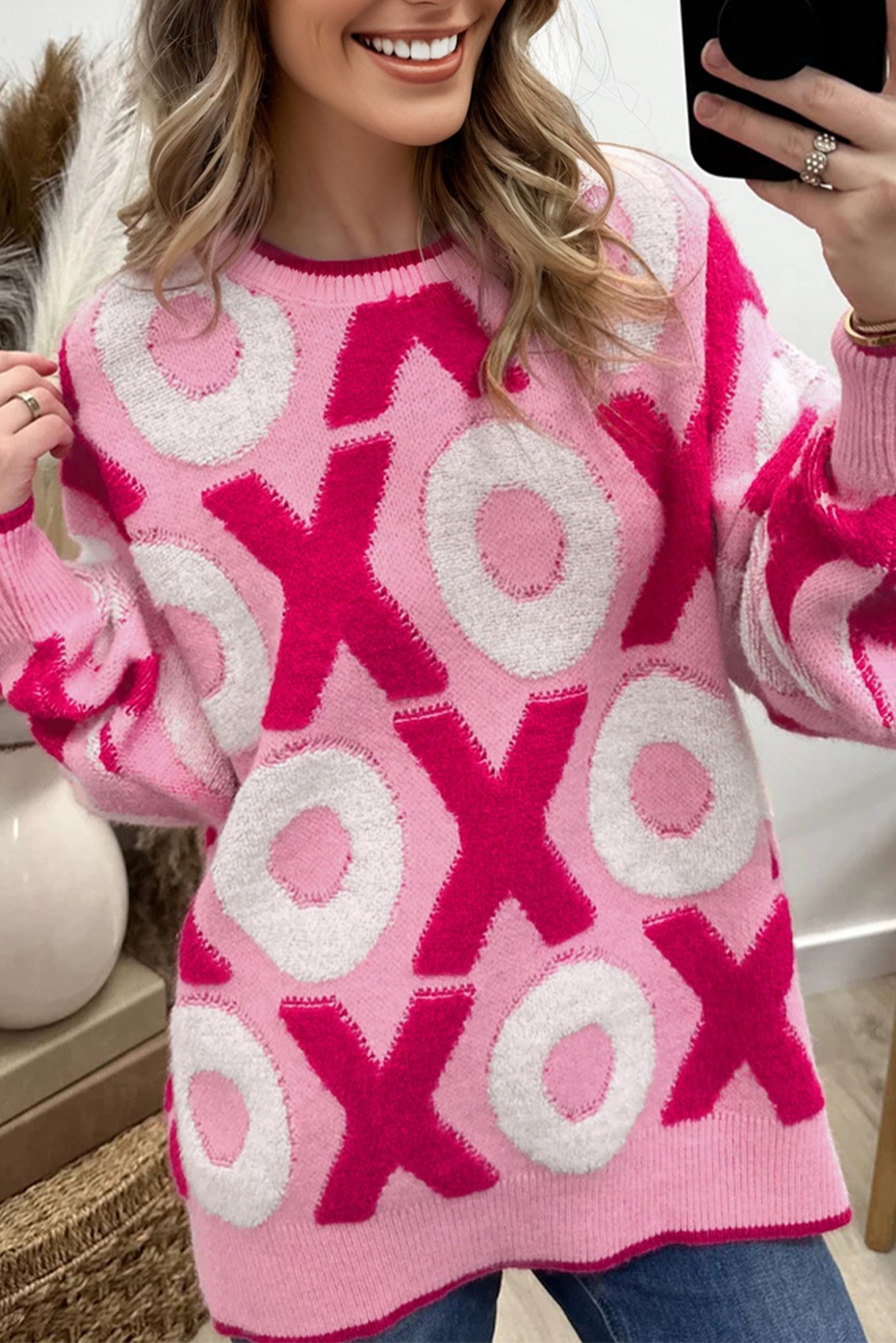 Pink XOXO Pattern Drop Shoulder Crewneck Valentines Sweater