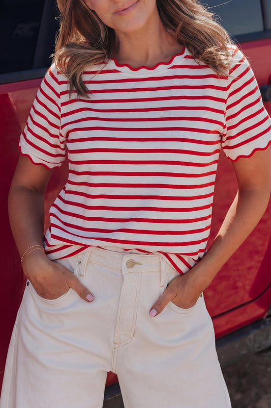 Red Stripe Scalloped Trim Round Neck T Shirt