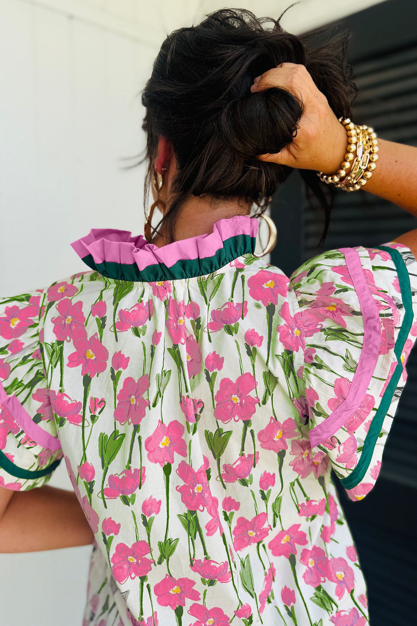 Pink Floral Ruffled Short Sleeve Blouse
