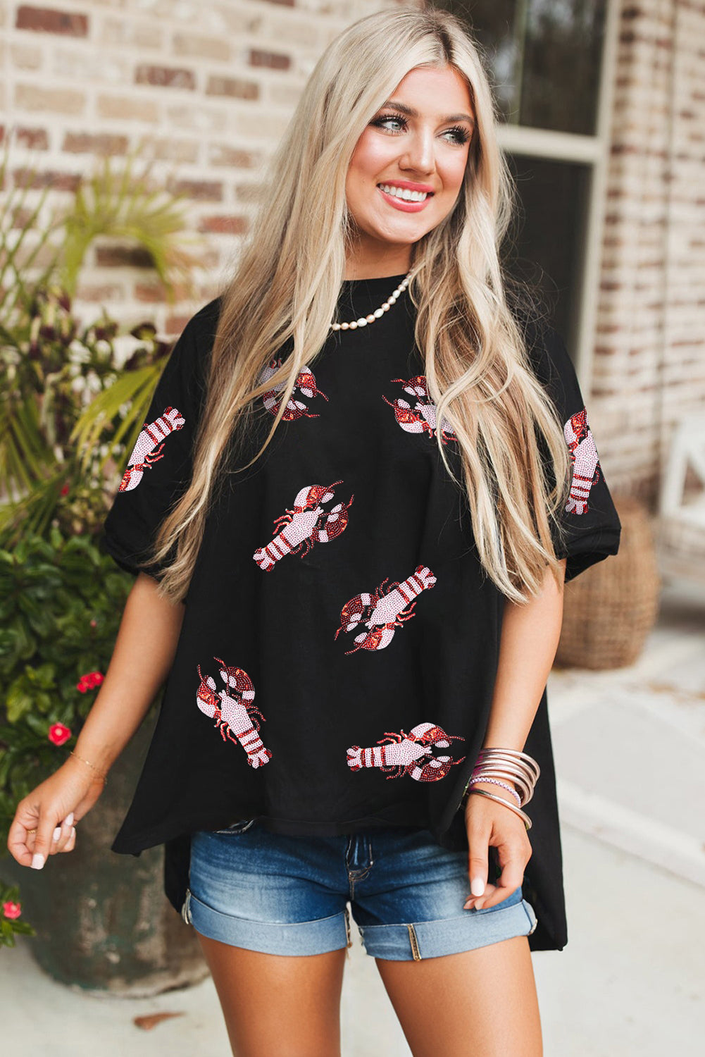 Black Sequin Crawfish Graphic Drop Sleeve High Low Tee