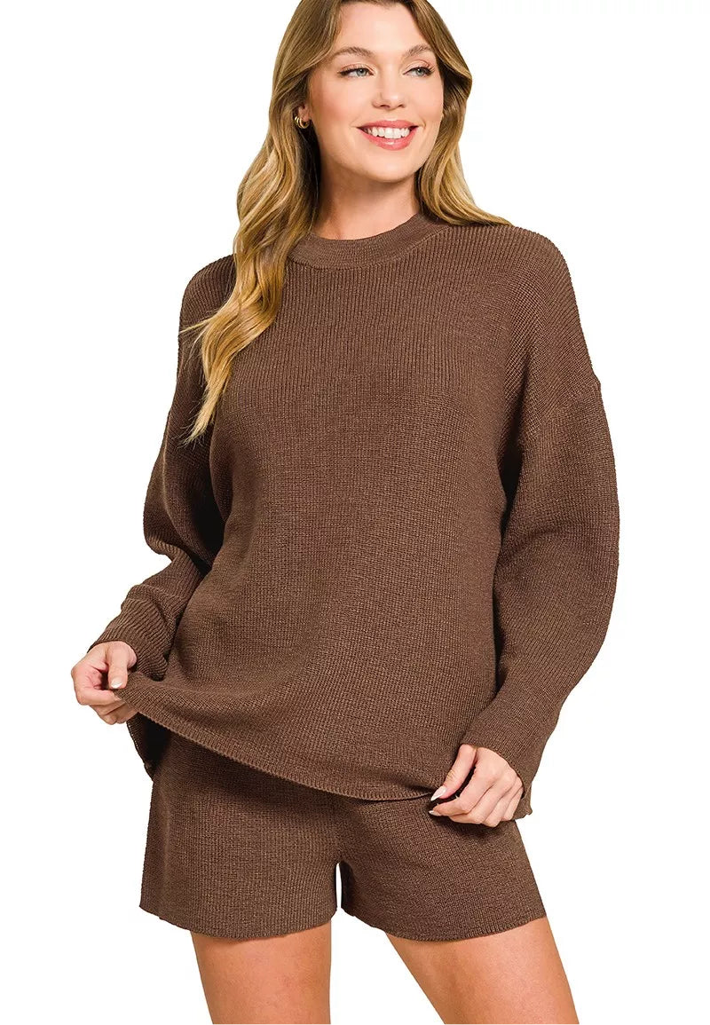Zenana Round Neck Knit Top and Shorts Sweater Set