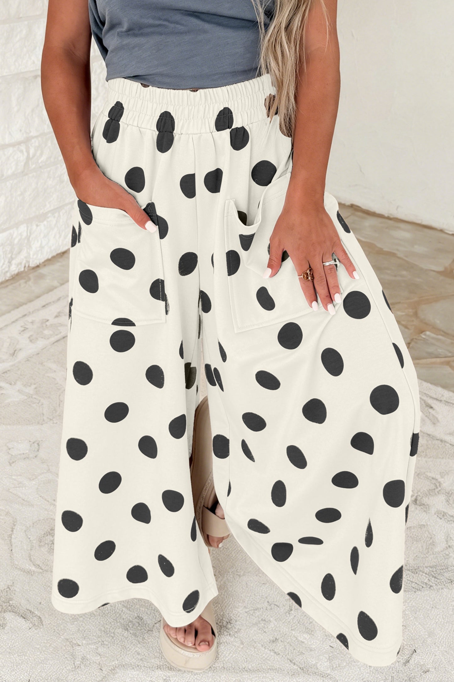 Brown Polka Dot Wide Leg Elastic Waist Casual Pants