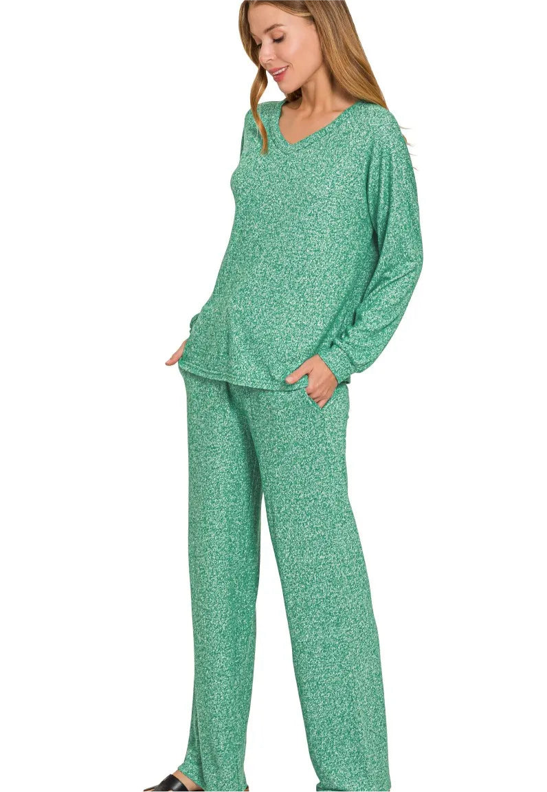 Zenana Soft Melange Long Sleeve Tee & Pants Set