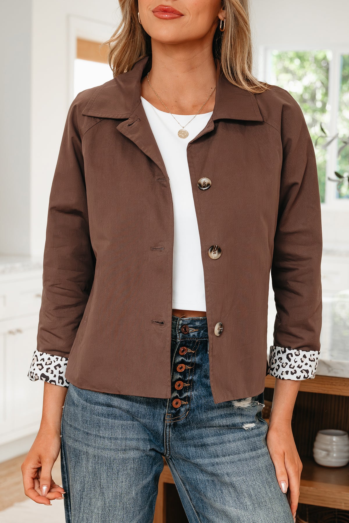 Dark Brown Collared Buttoned Leopard Liner Patchwork Chic Jacket