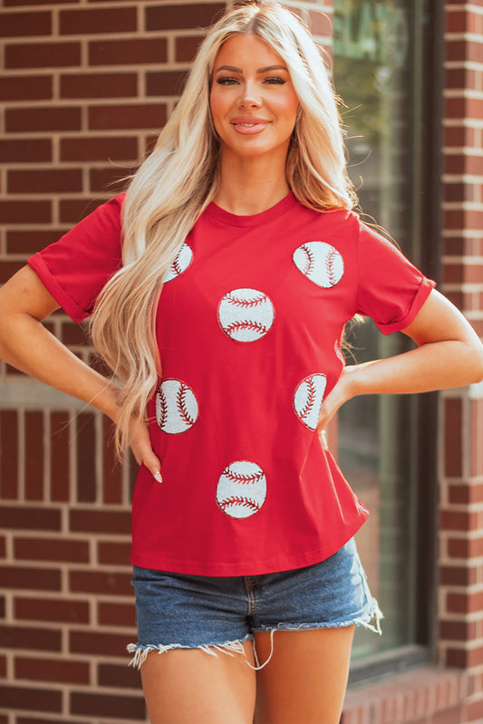 Red Glittering Baseball Pattern Crew Neck Game Day T Shirt