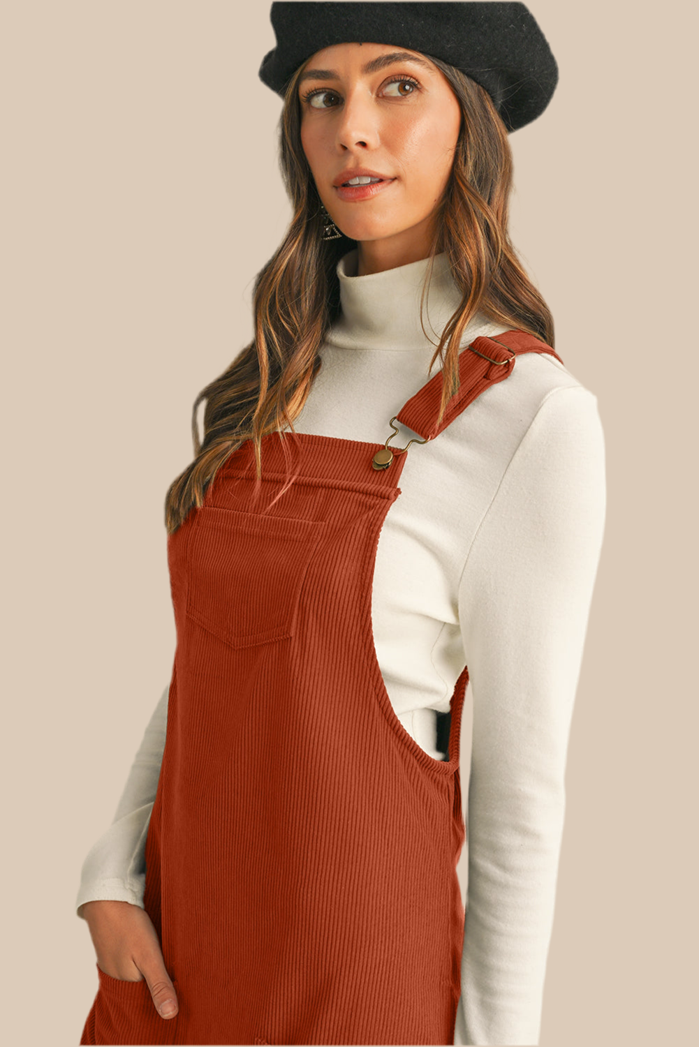 Cinnamon Corduroy Front Pockets Overall Dress
