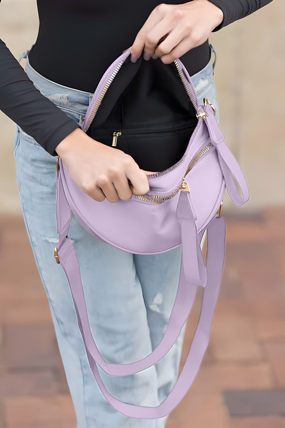 Bright Pink Double Zip Crescent Shape Adjustable Sling Bag