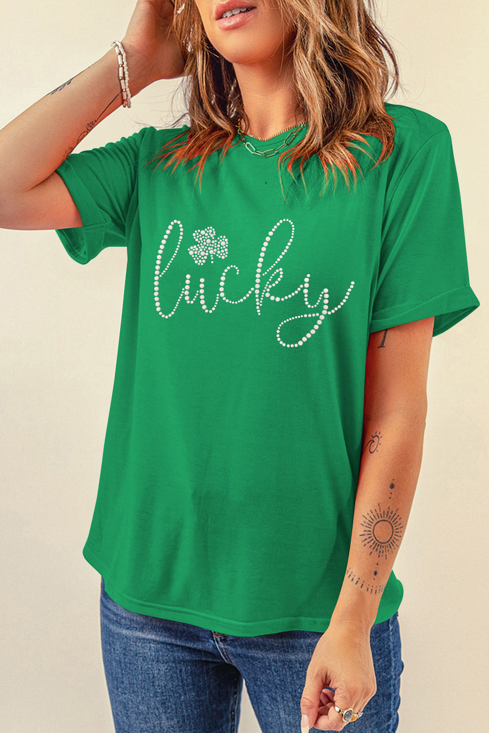 Bright Green Rhinestone Lucky Clover Graphic Tee