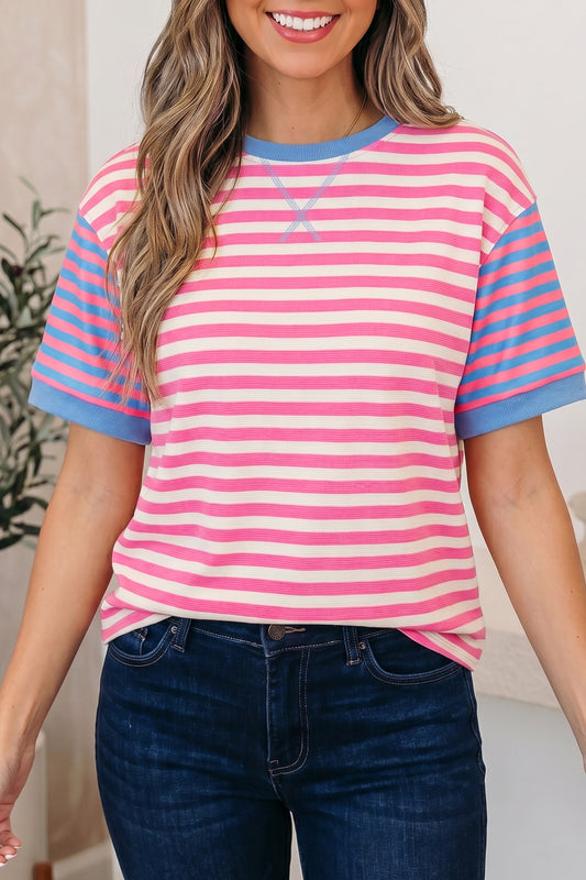 Pink Stripe Contrast Patchwork Short Sleeve Loose Tee