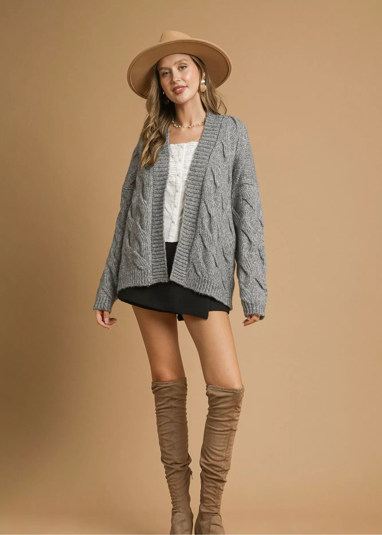 Umgee Chunky Cable Knit Open Front Cardigan