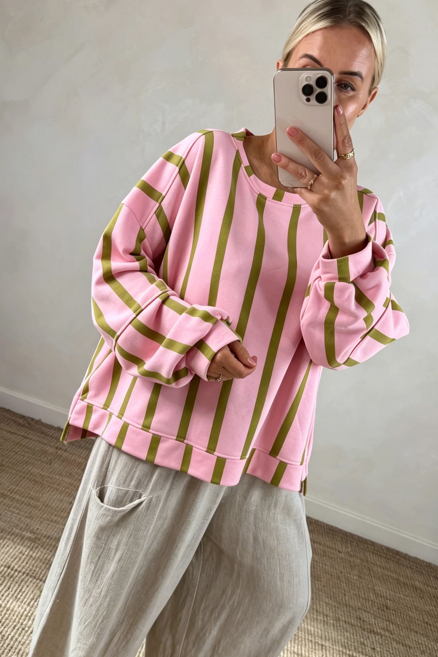 Pink Stripe Dropped Shoulder Round Neck Casual Sweatshirt