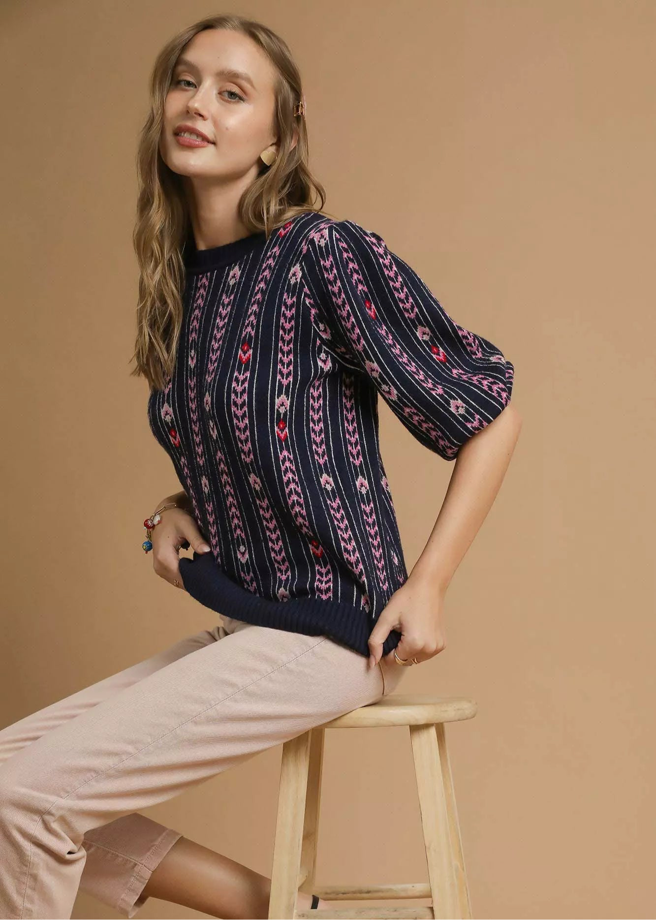 Umgee Jacquard Knit Puff Sleeve Sweater