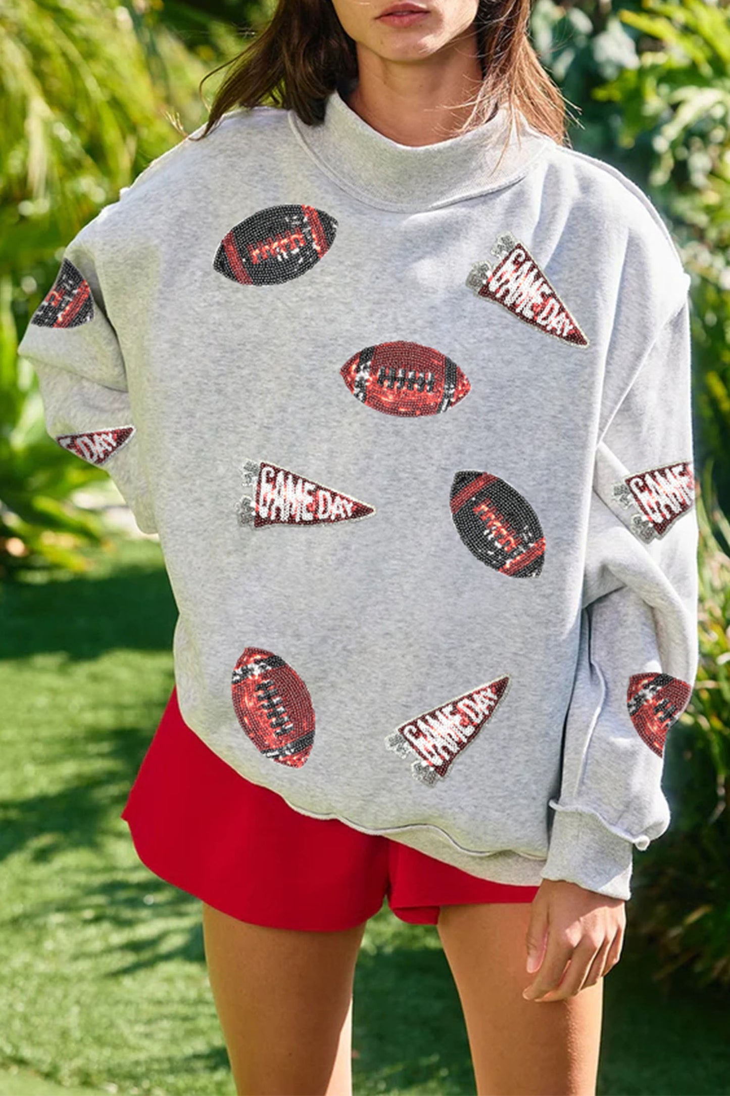 Grey Sequin Game Day High Neck Baggy Sweatshirt