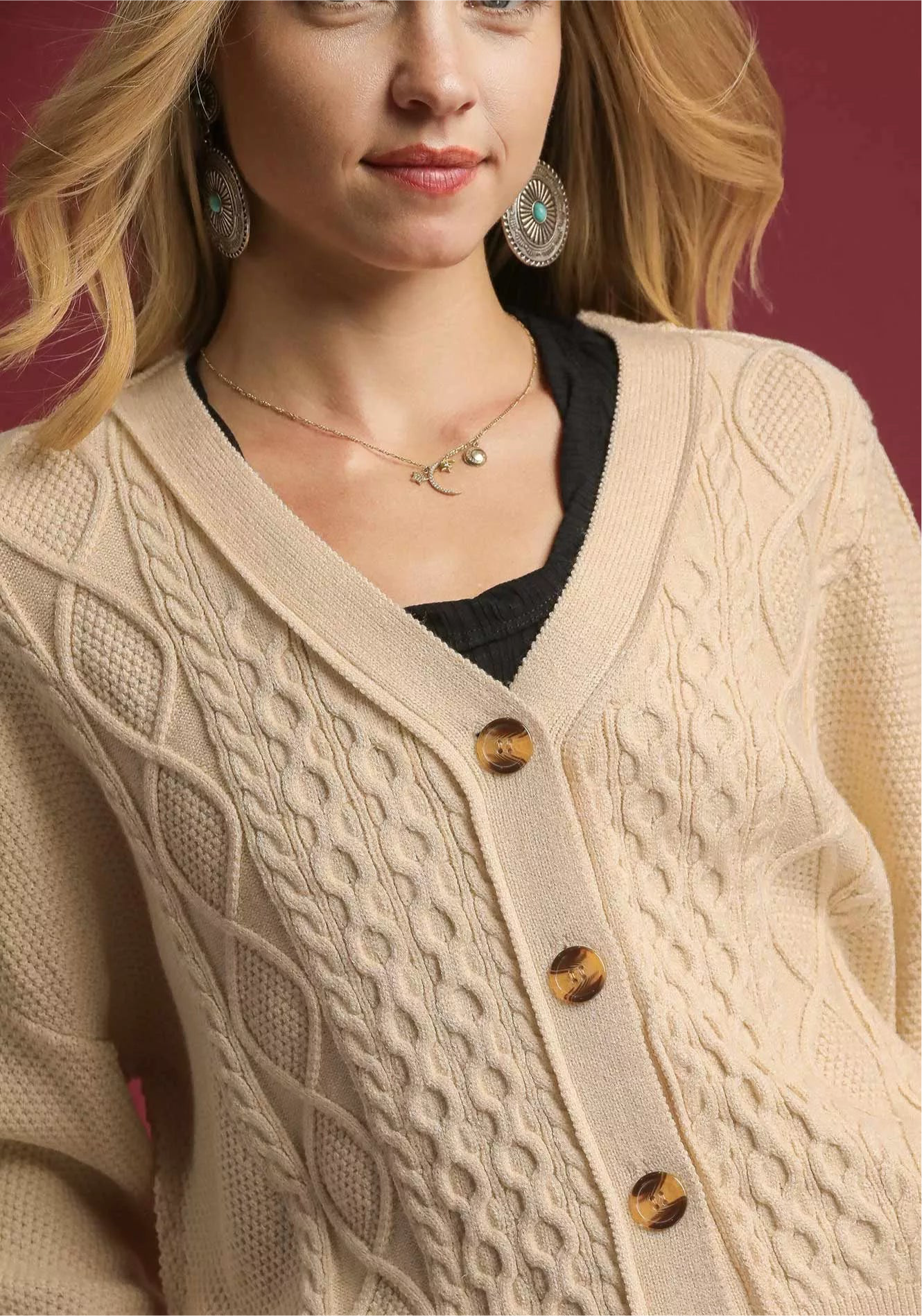 Umgee Chunky Cable Knit V-Neck Button-Up Cardigan