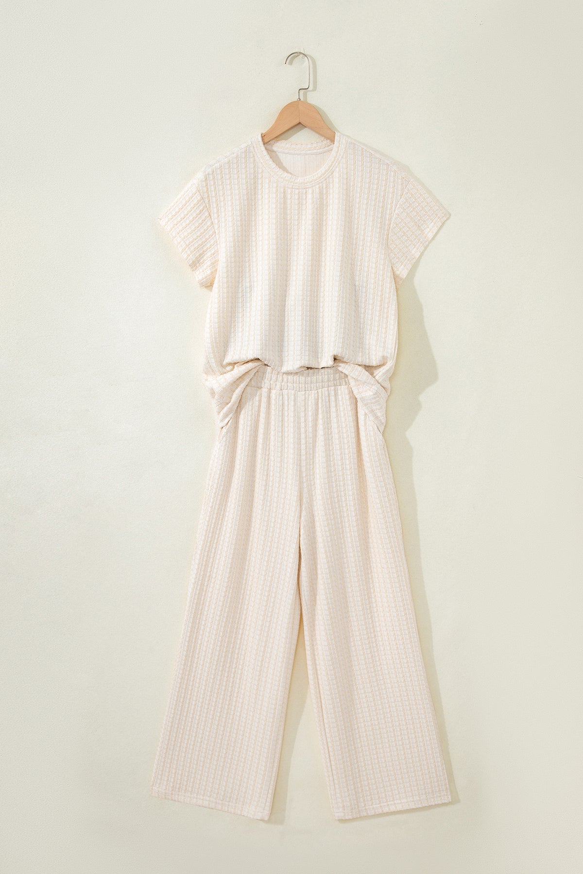 Beige Texture Loose Short Sleeve Top and Cropped Pant Set