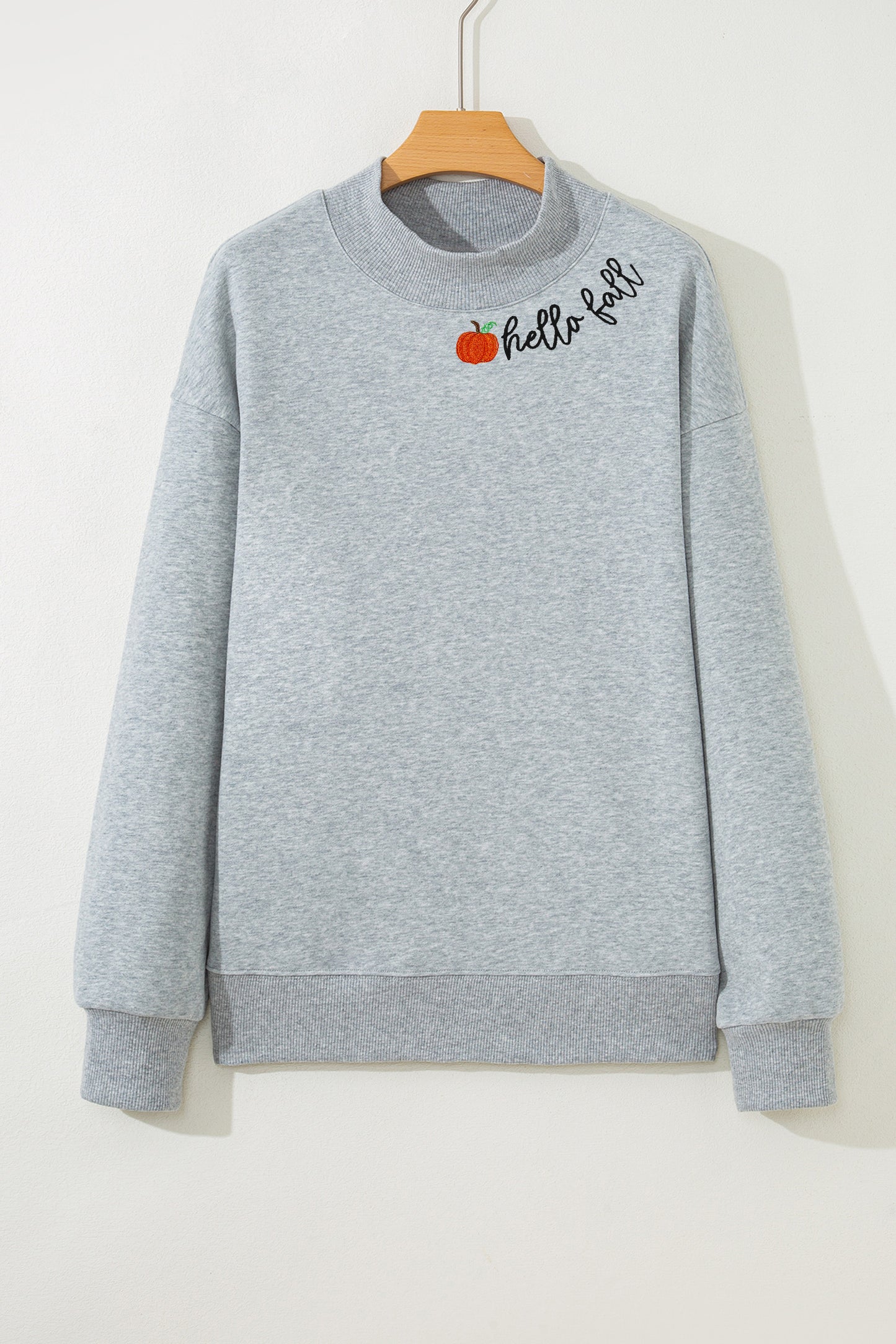 Hello Embroidered Pumpkin Detail Mock Neck Sweatshirt