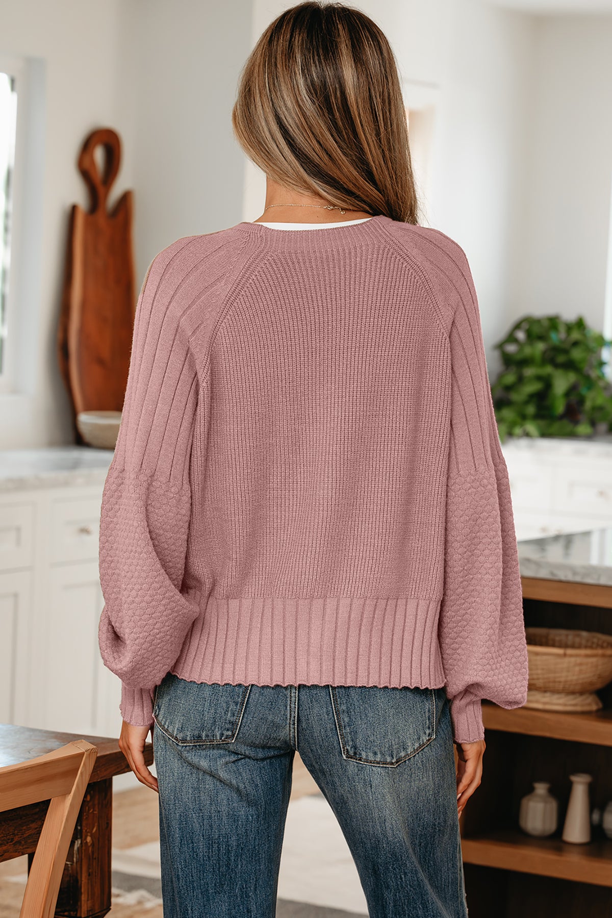 Goat Mixed Texture Knit Button V Neck Sweater Cardigan