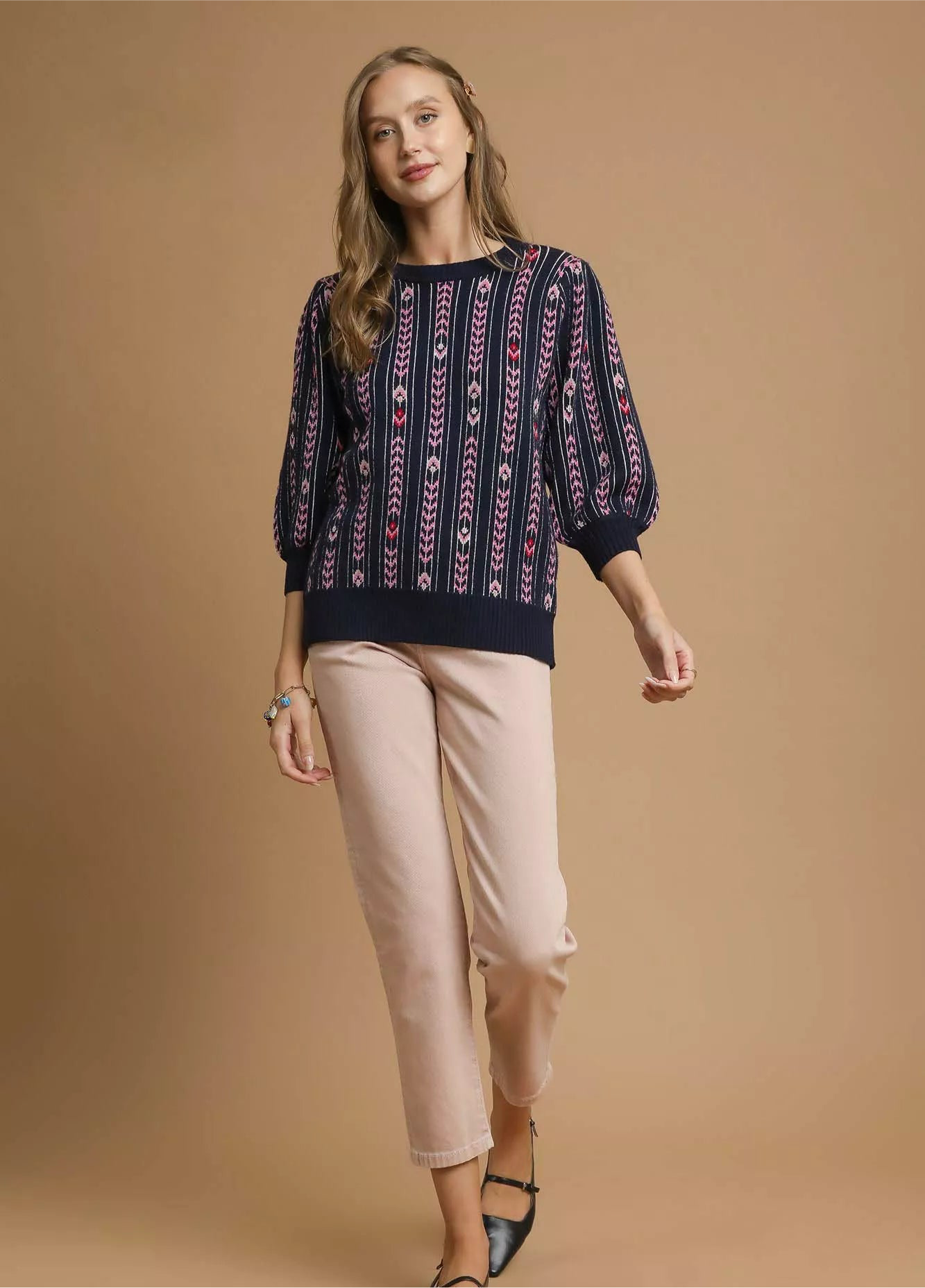 Umgee Jacquard Knit Puff Sleeve Sweater