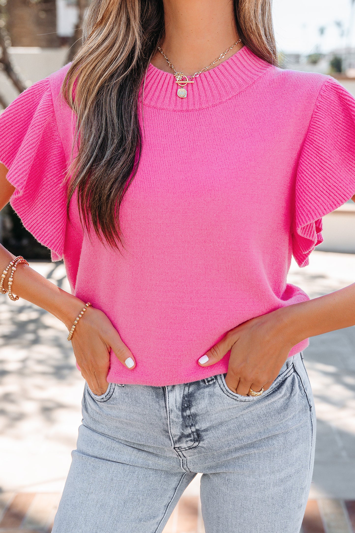 Pink Petal Ruffle Sleeve Sweater