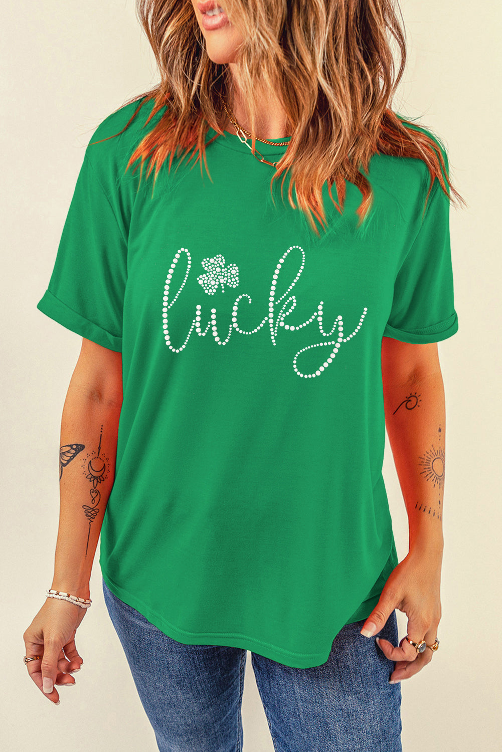 Bright Green Rhinestone Lucky Clover Graphic Tee