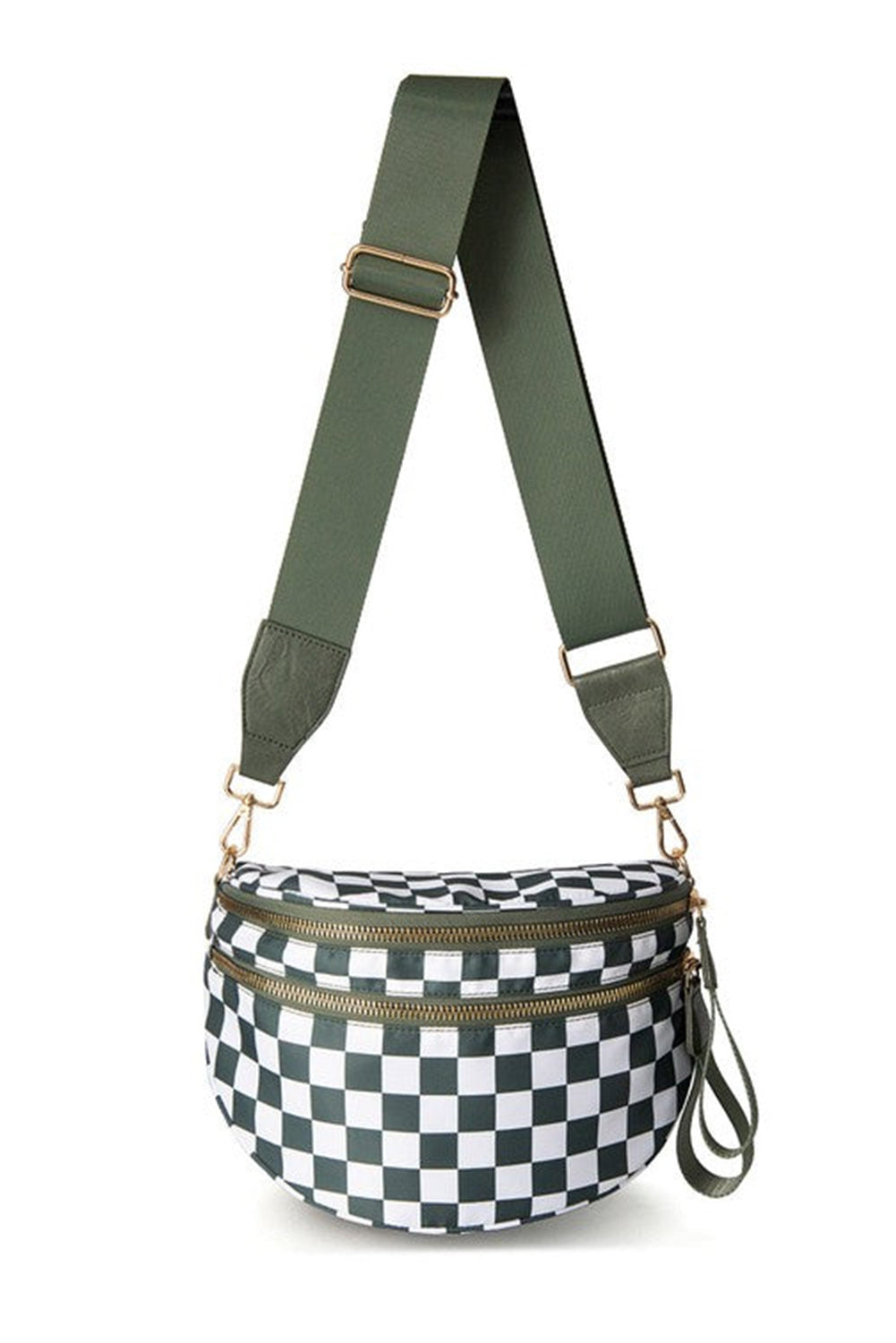 White Checkered Print Wide Strap Large Crossbody Bag