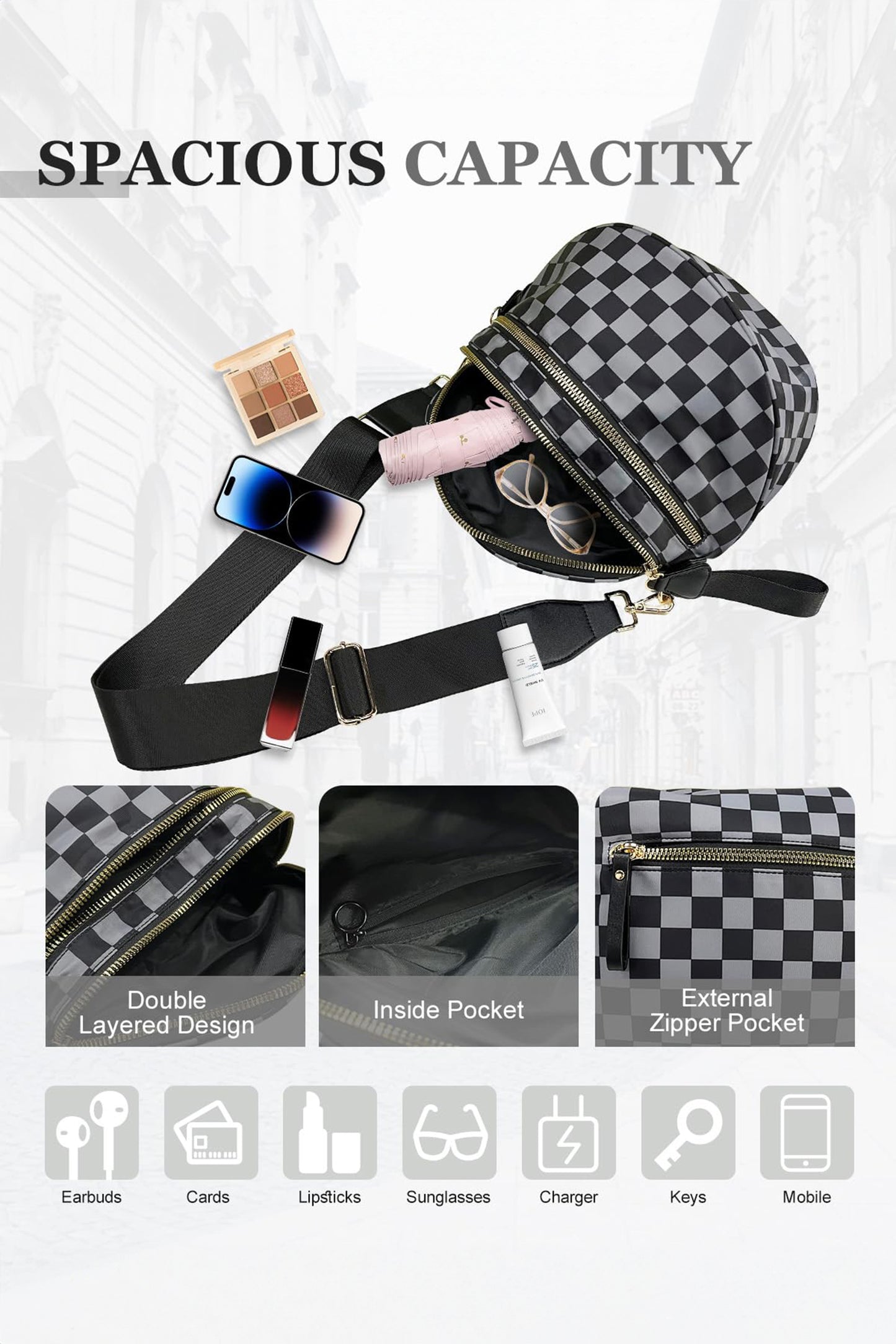 White Checkered Print Wide Strap Large Crossbody Bag