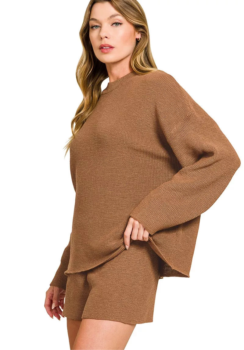 Zenana Round Neck Knit Top and Shorts Sweater Set