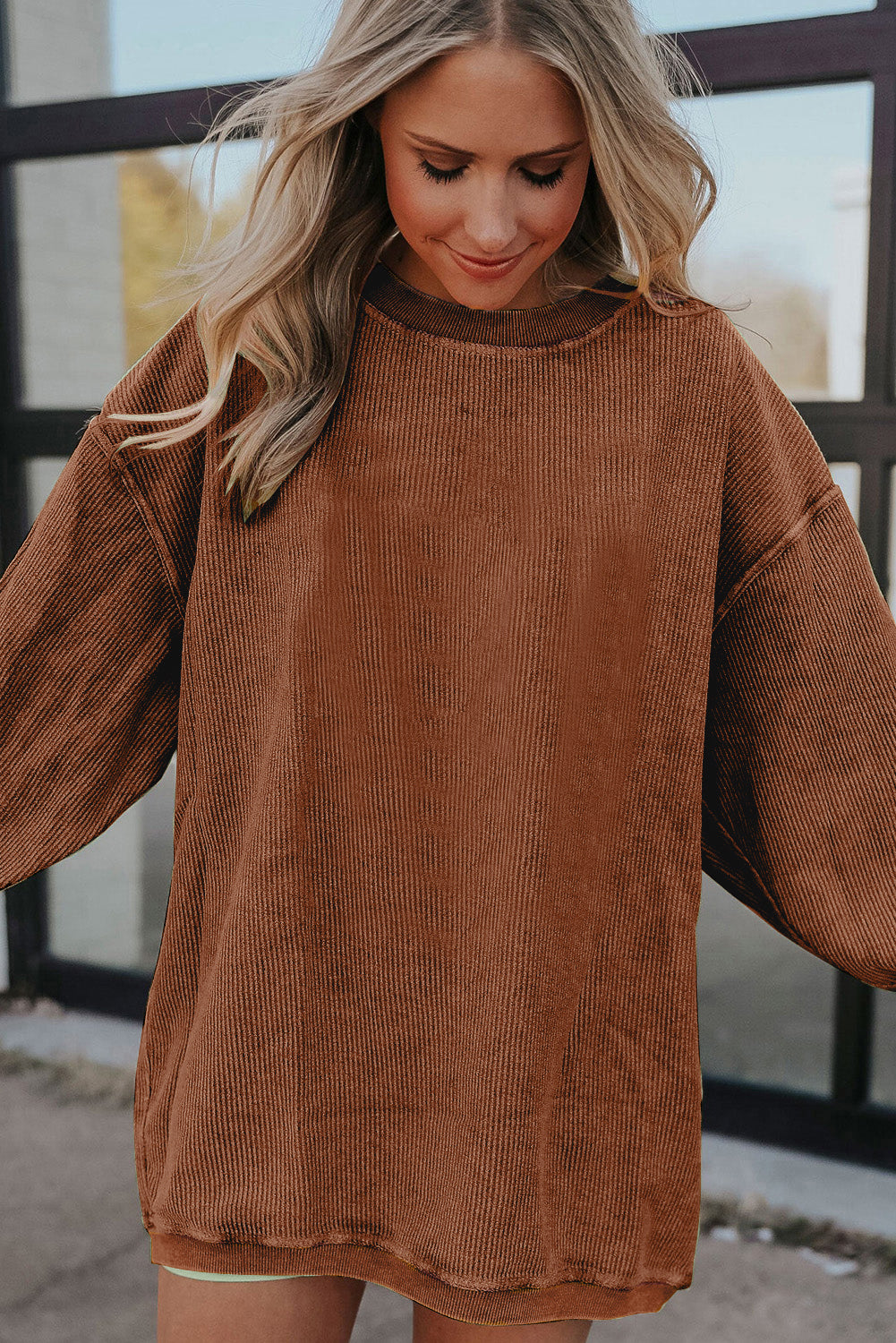 Strawberry Pink Ribbed Corduroy Oversized Sweatshirt