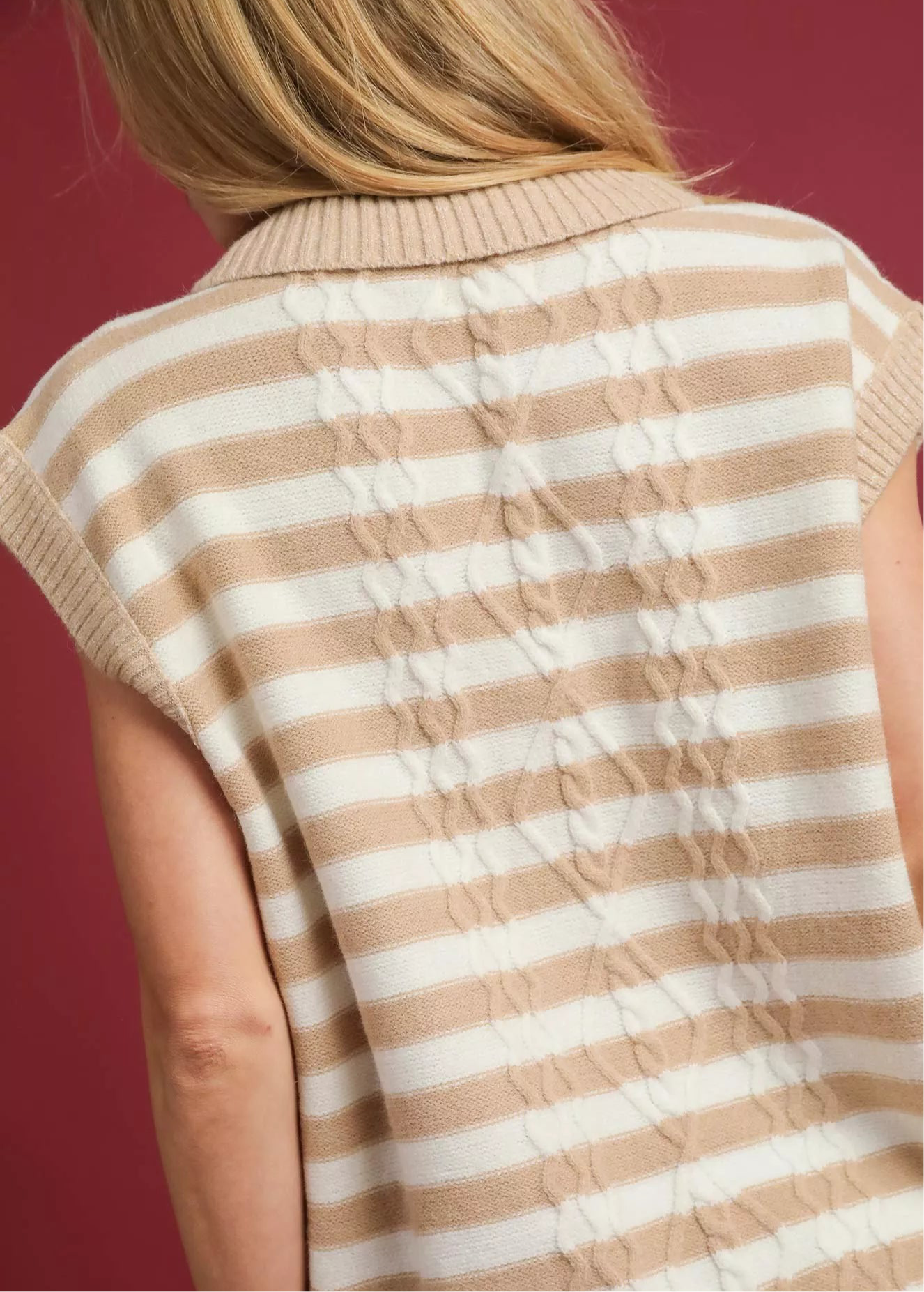 Umgee Cable Knit Collared Striped Vest Sweater