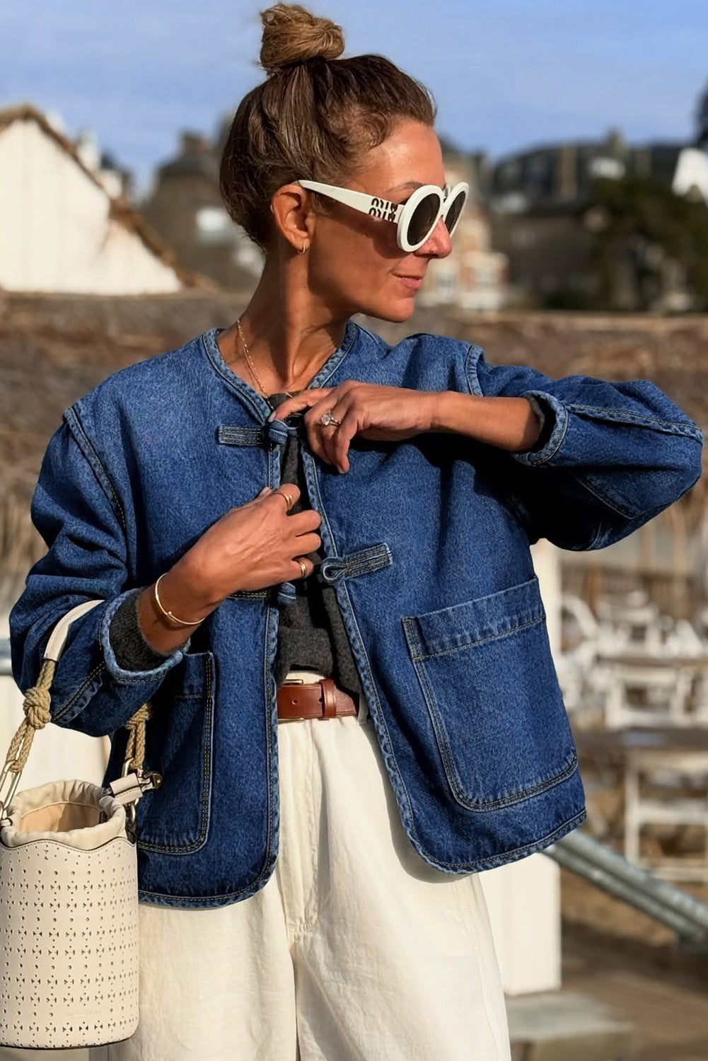 Sail Blue Vintage Fastening Big Patched Pockets Straight Cut Deep Wash Denim Jacket