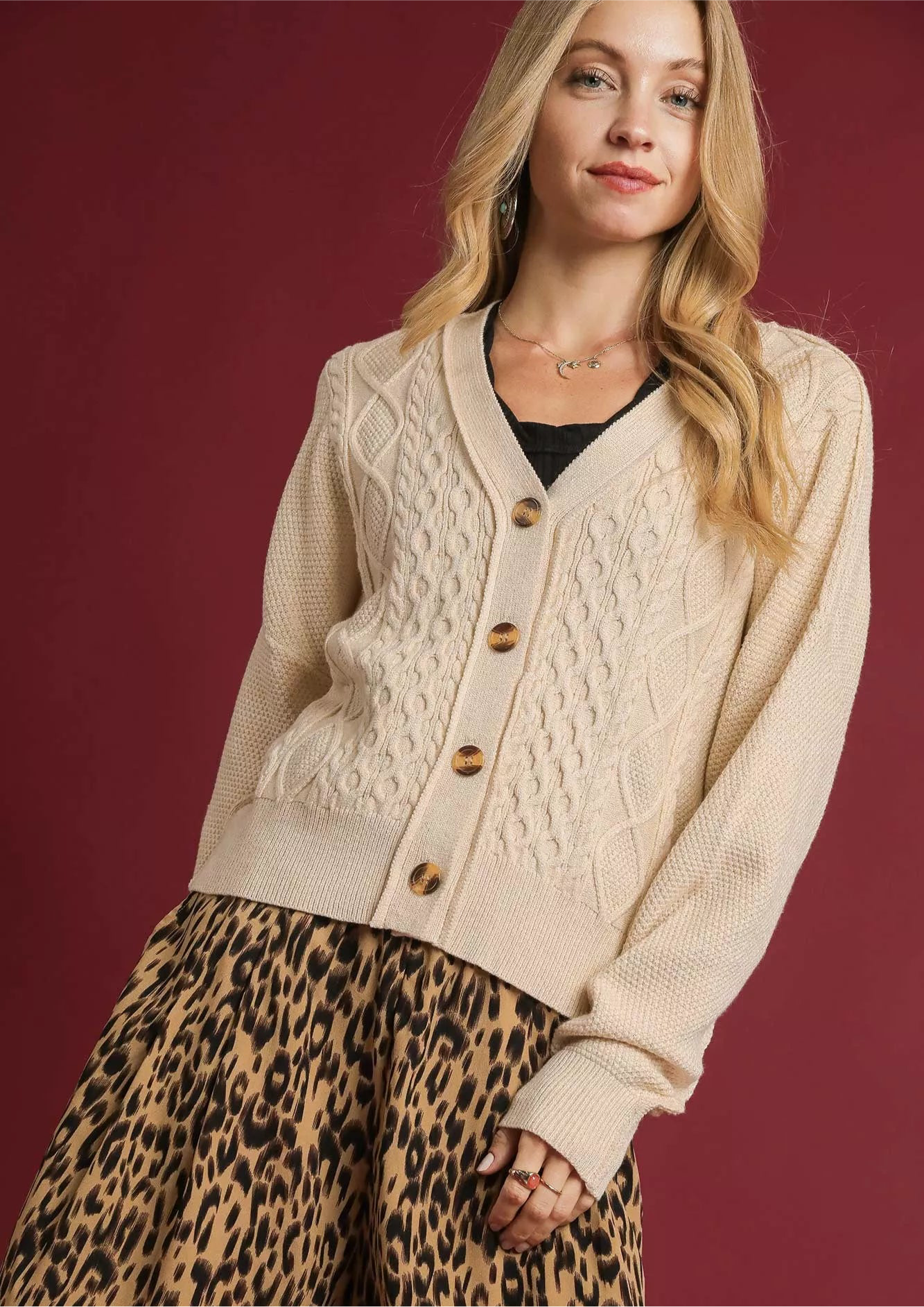 Umgee Chunky Cable Knit V-Neck Button-Up Cardigan