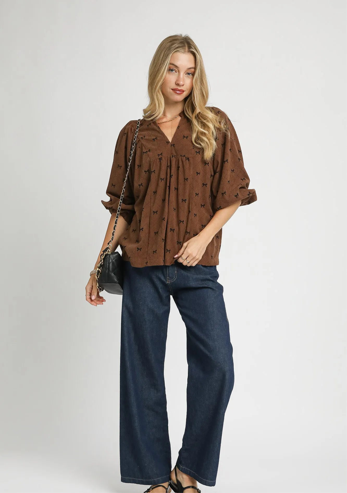Umgee Corduroy Bow Print Balloon Sleeve Blouse