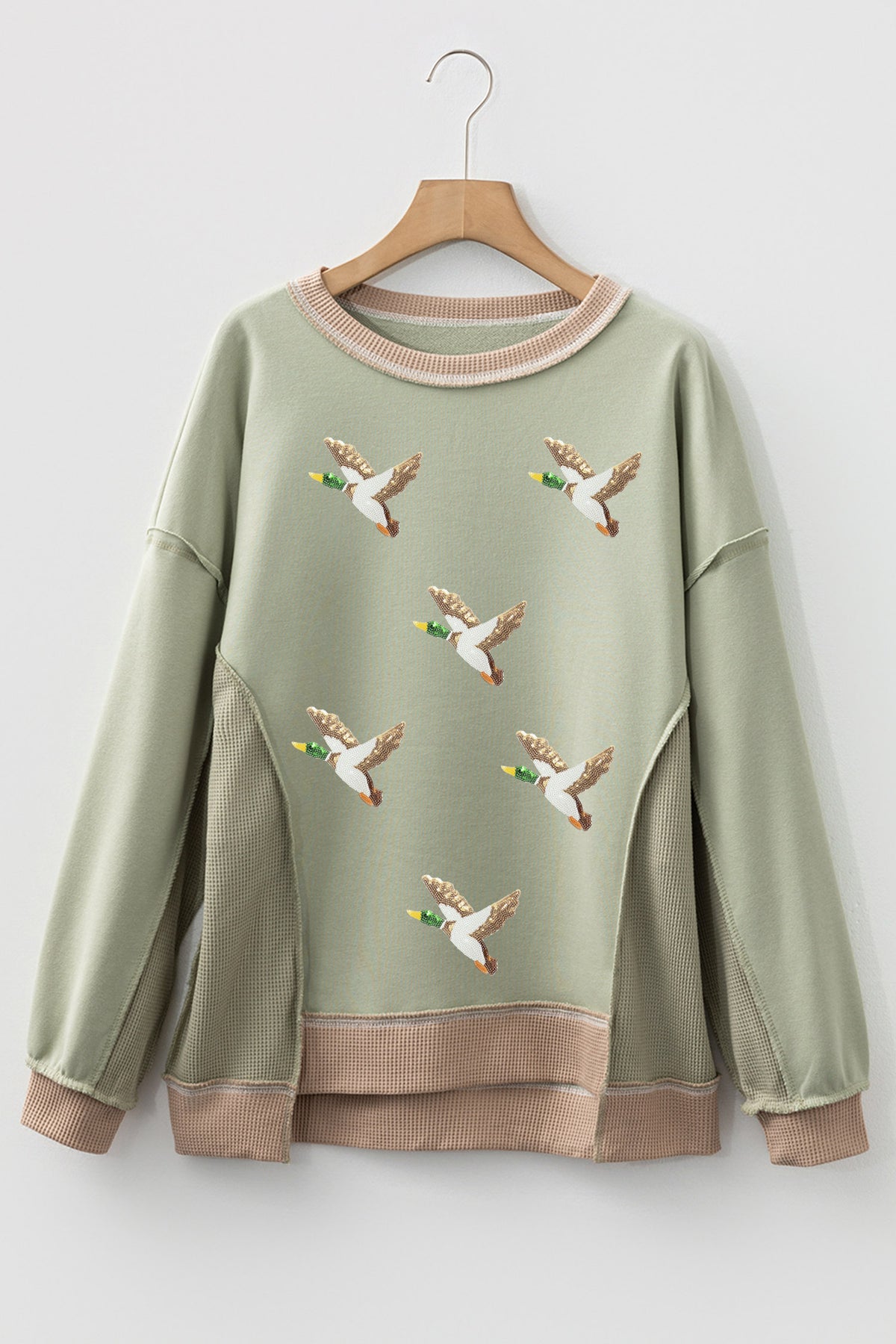 Smoke Green Sequined Mallard Duck Print Waffle Patchwork Graphic Sweatshirt