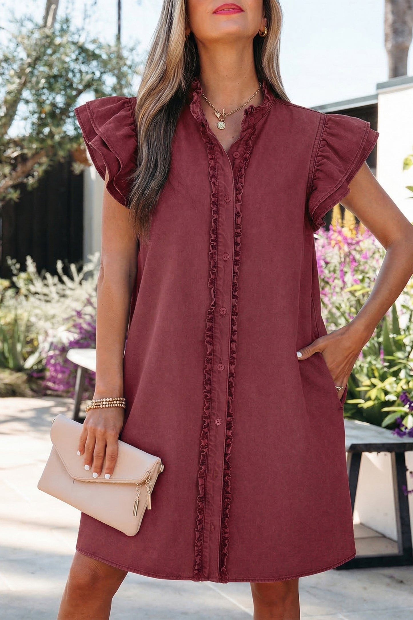 Red Sandalwood Frilled Detail Button Down Ruffle Short Sleeve Denim Mini Dress