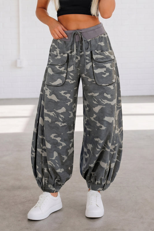 Khaki Drawstring Contrast Waistband Camouflage Cargo Barrel Pants