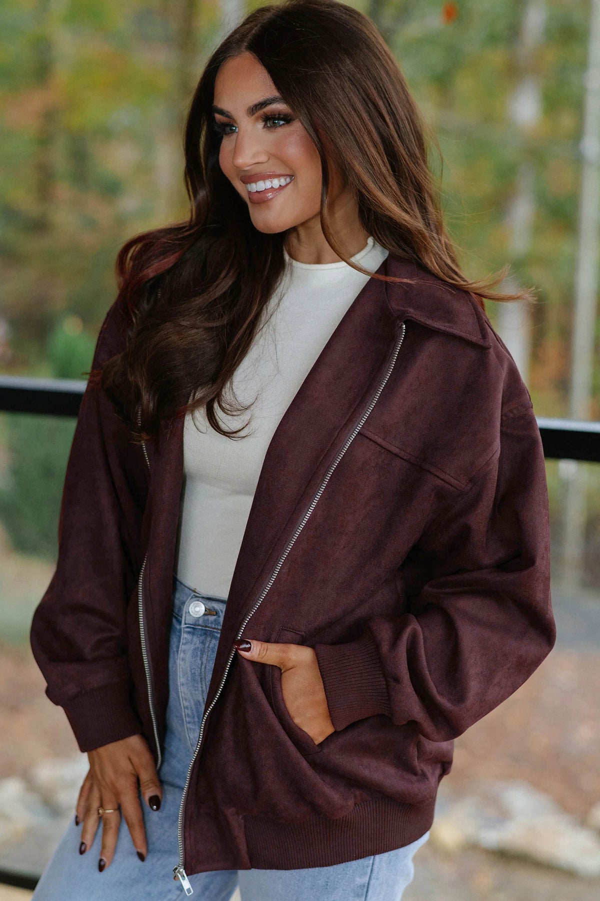 Chicory Coffee Solid Zip-up Metal Placket Collar Long Sleeve Jacket