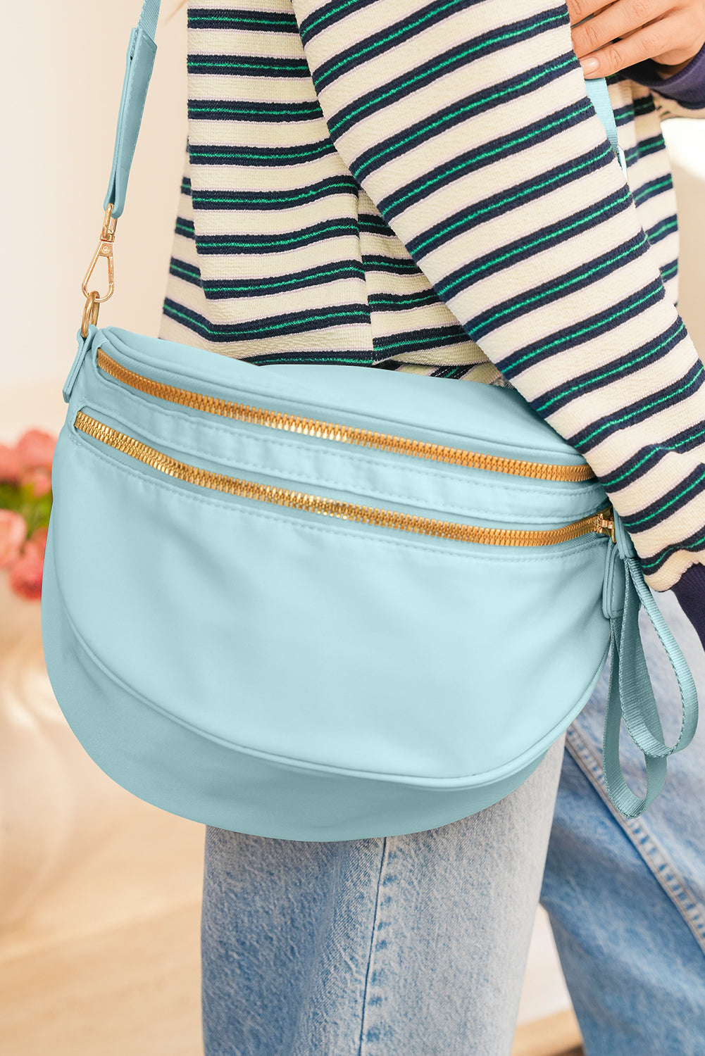 Bright Pink Double Zip Crescent Shape Adjustable Sling Bag