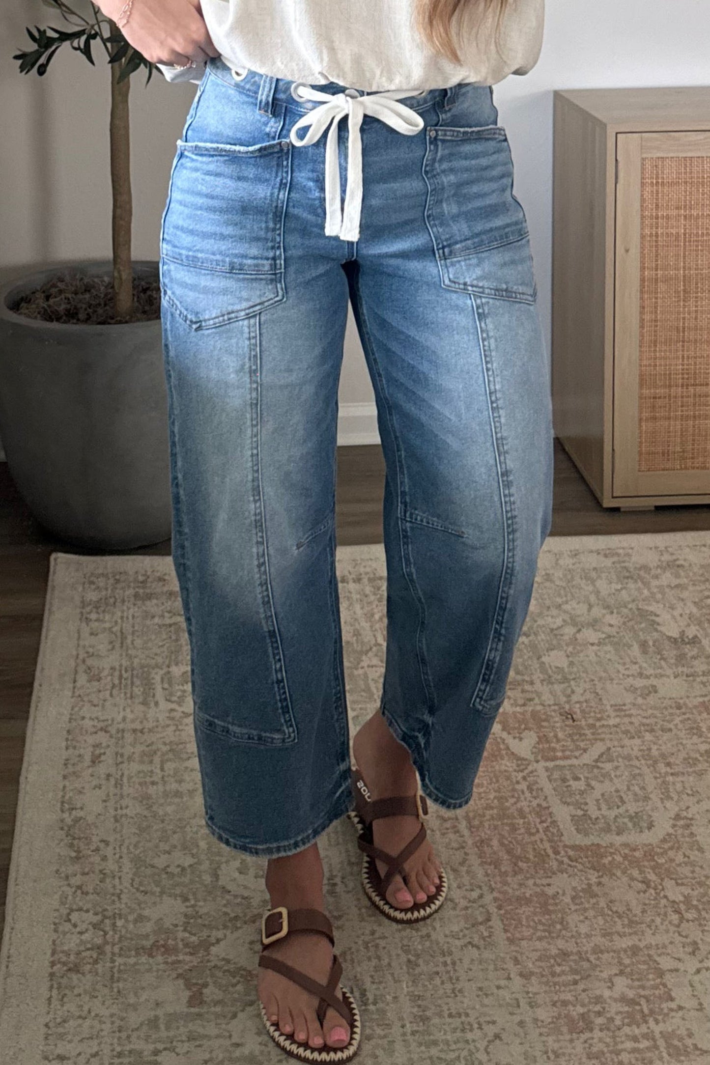 Beau Blue Solid Patchwork Grommet Tie Waist Loose Ankle-Length Jeans
