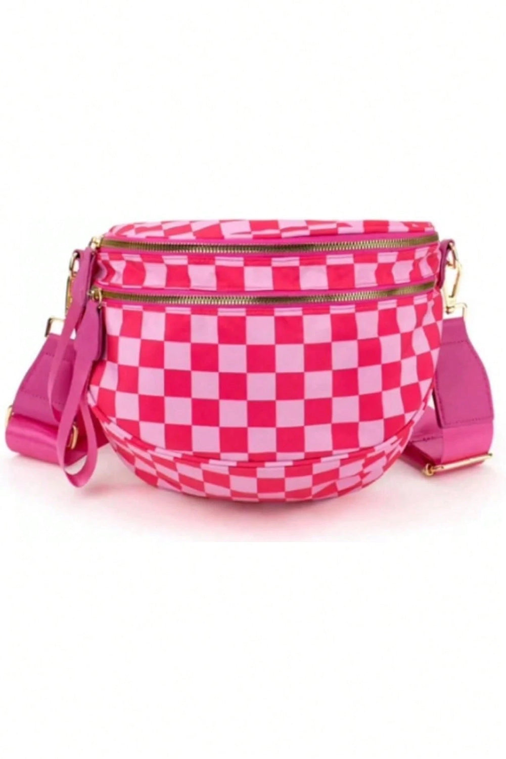 White Checkered Print Wide Strap Large Crossbody Bag