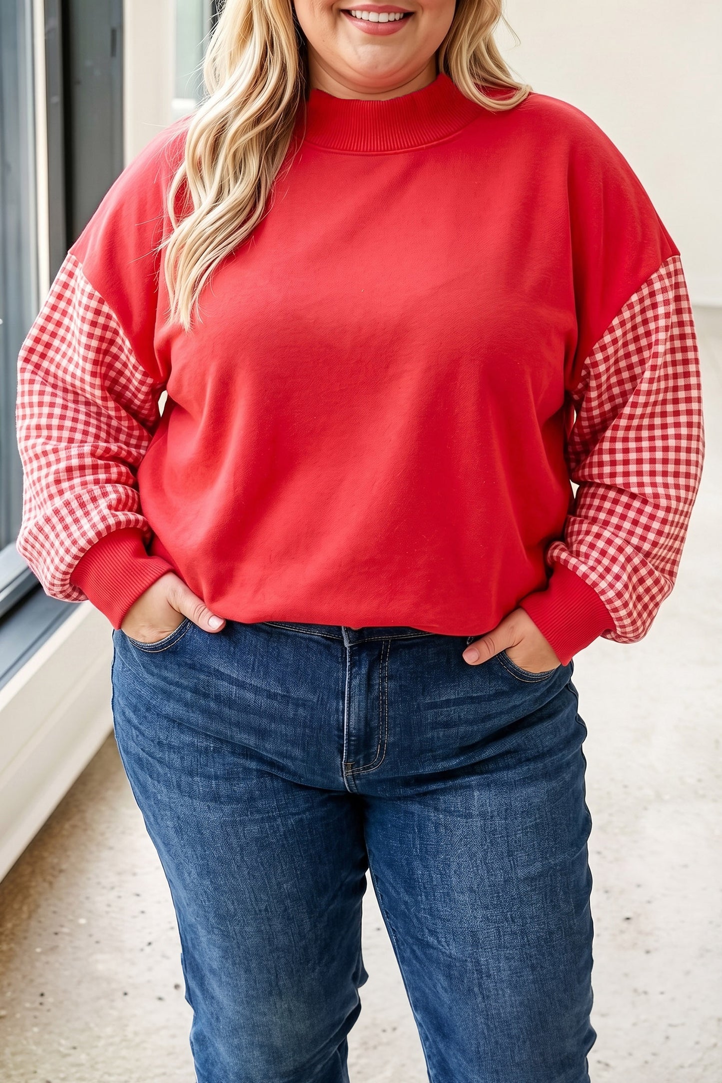 Russet Orange Patchwork Plaid Loose Fit Long Sleeve Plus Size Sweatshirt