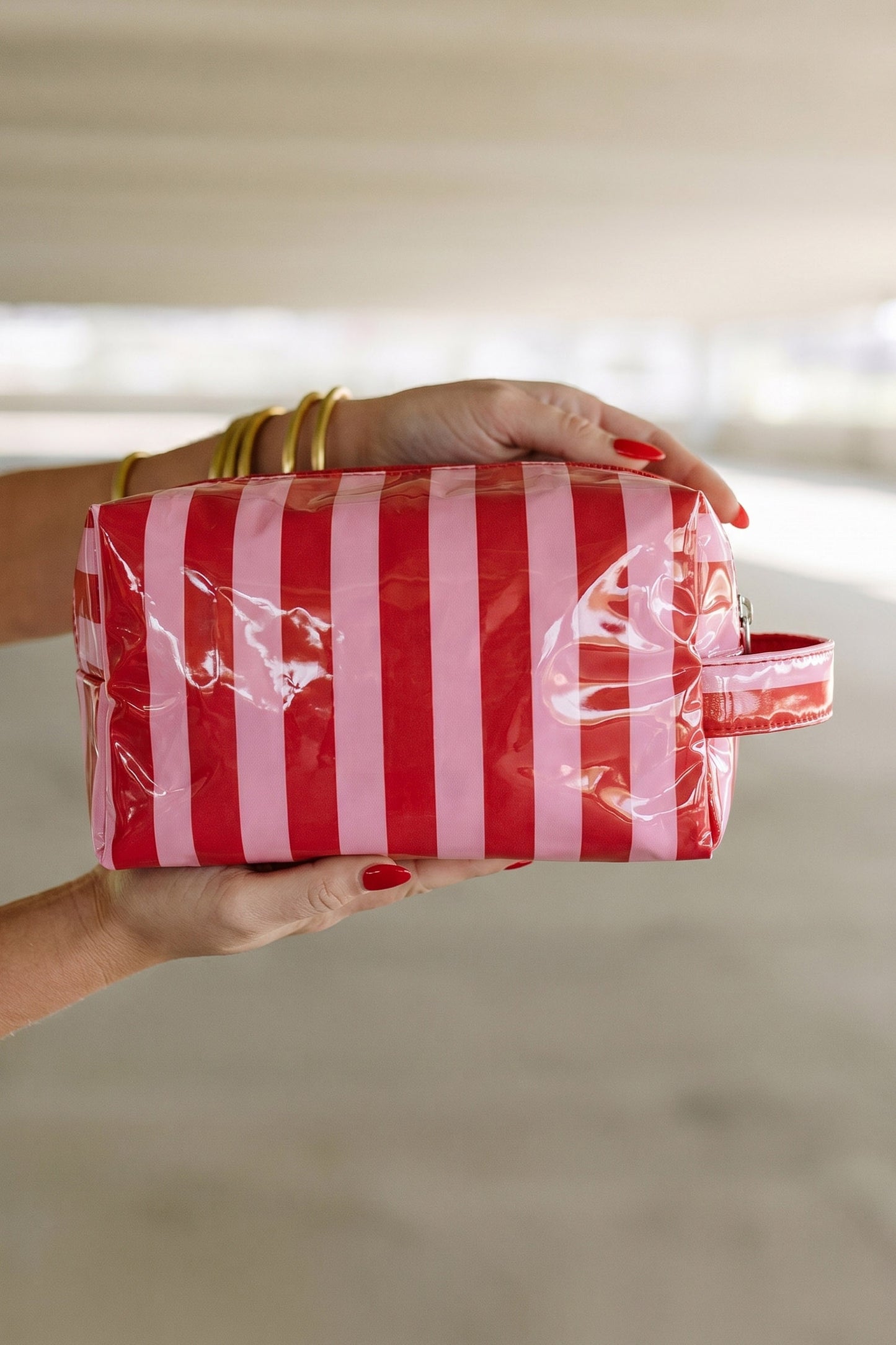 Dark Green PVC Striped Cosmetic Bag Durable Zipper Handle Travel Organizer