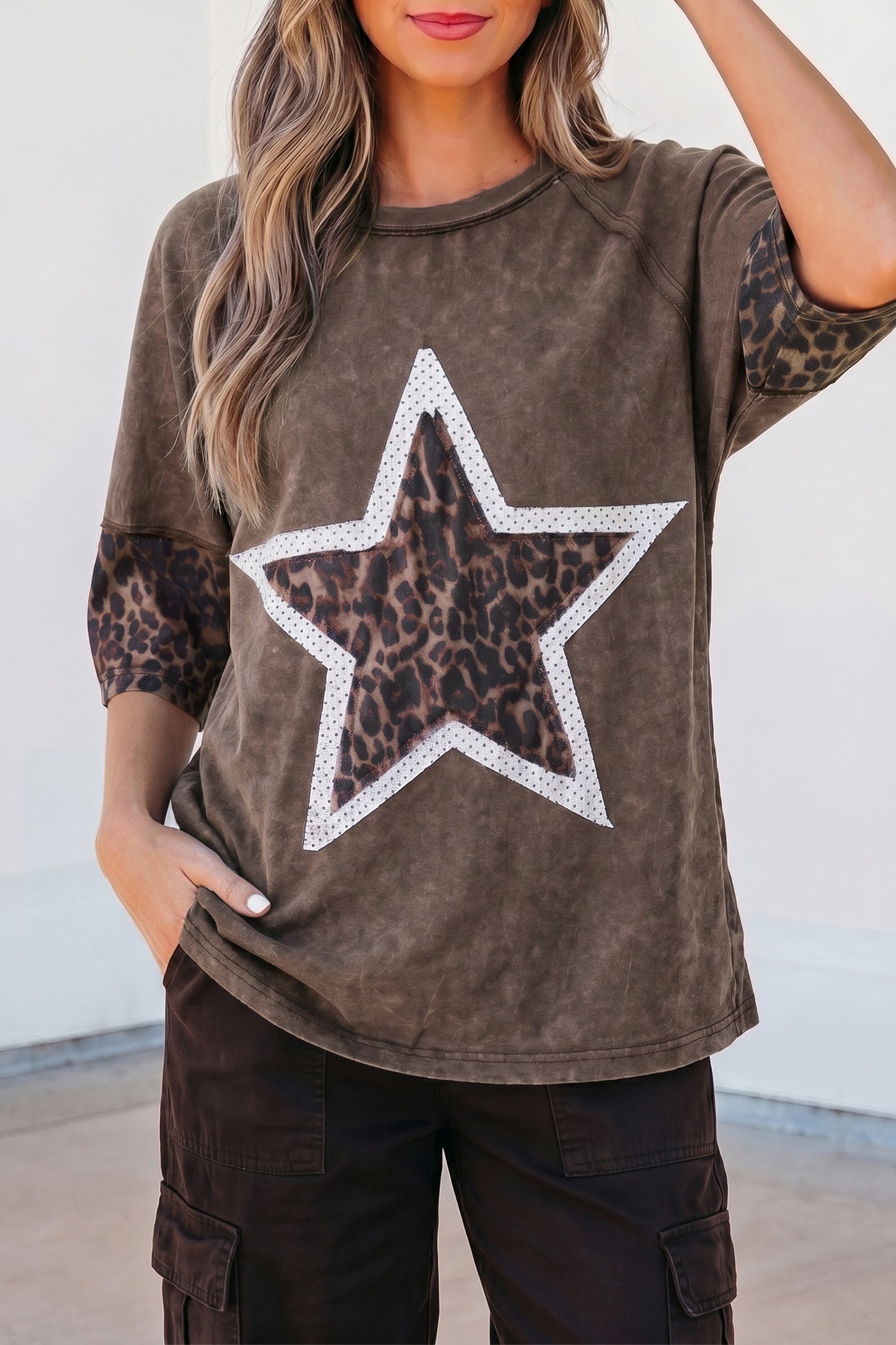 Mineral Wash Exposed Seam Leopard Star Patched T Shirt