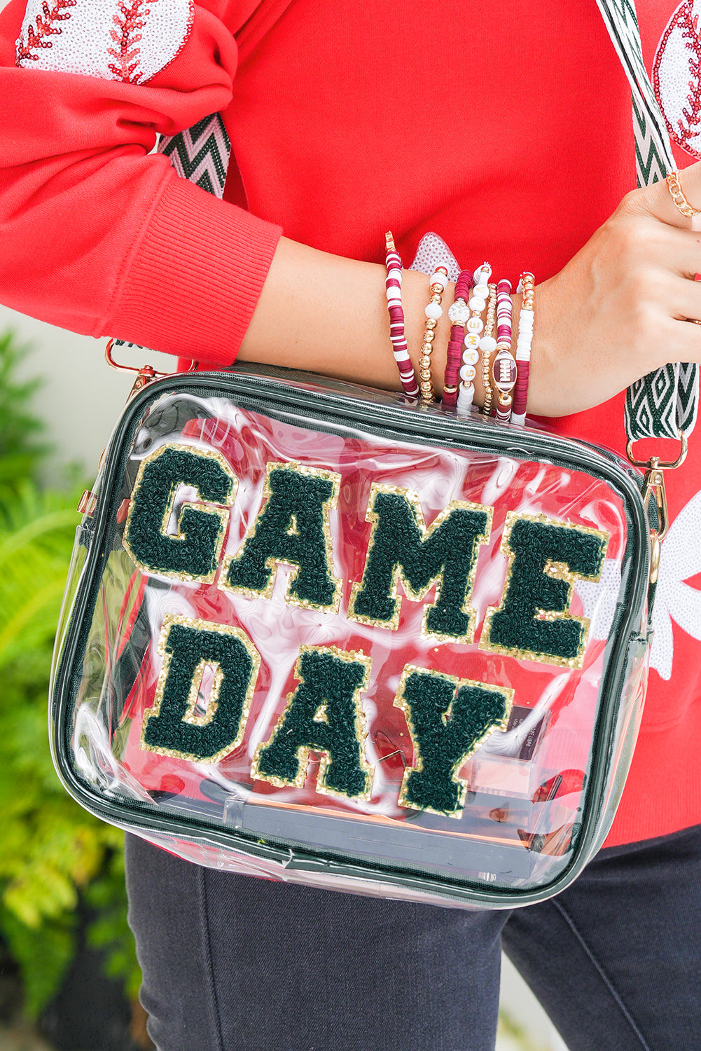 Black GAME DAY Chenille Embroidered Clear PVC Shoulder Bag