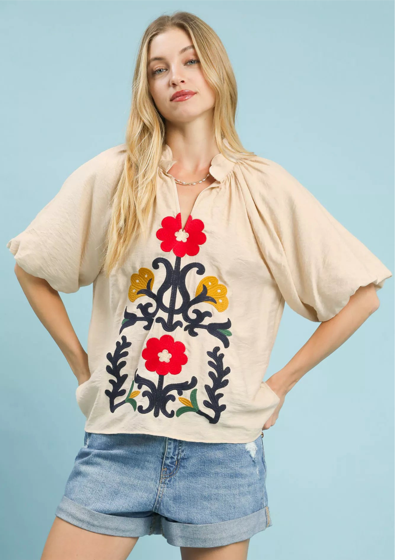 Coastal Stripe Embroidered Blouse by Umgee