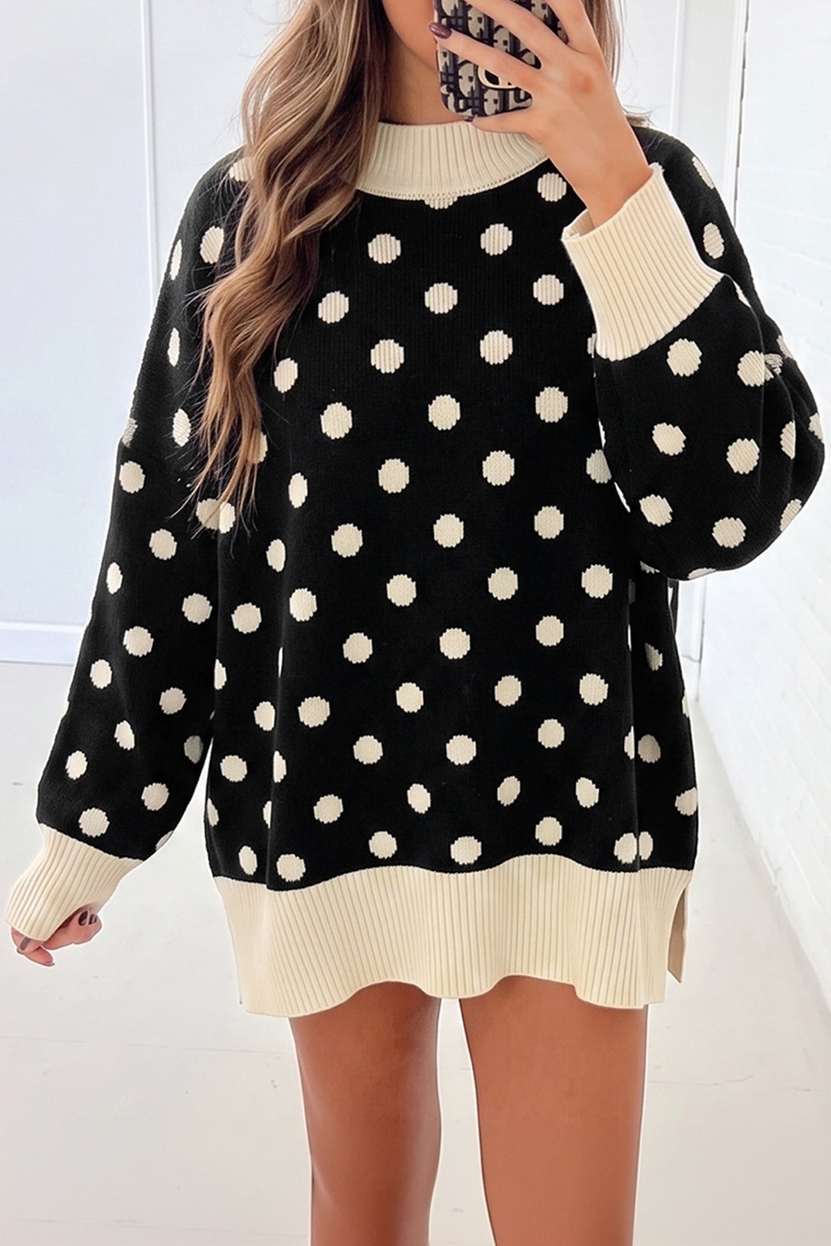 Red Polka Dot Pattern Ribbed Colorblock Trim Split Tunic Sweater