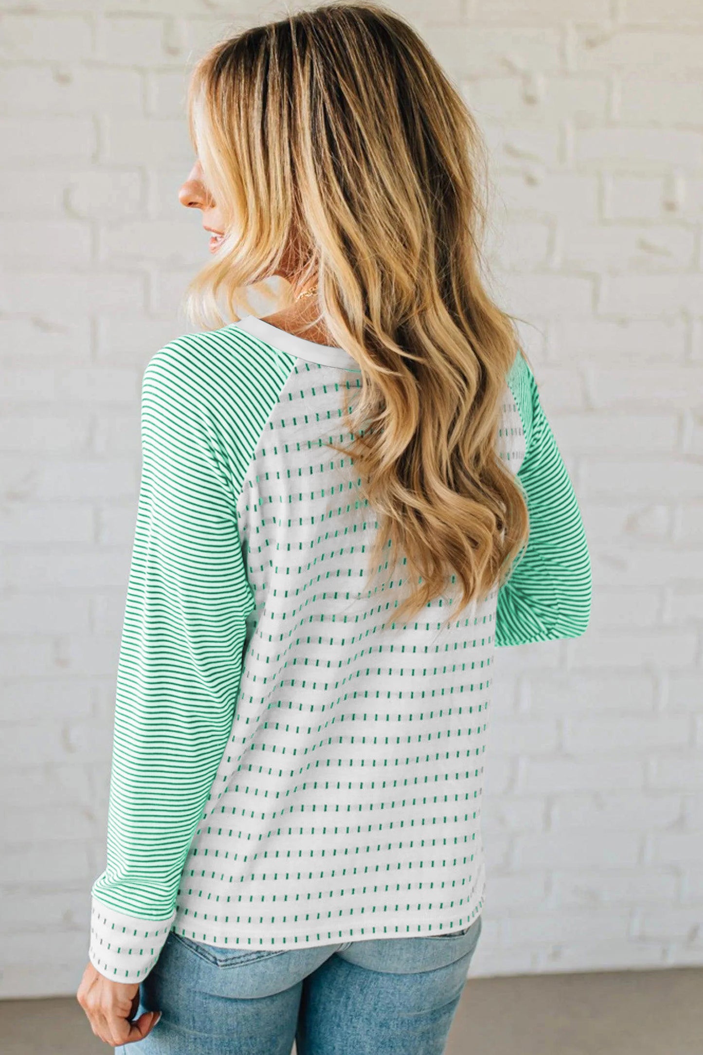 Green Stripe Raglan Patchwork Long Sleeve Tee