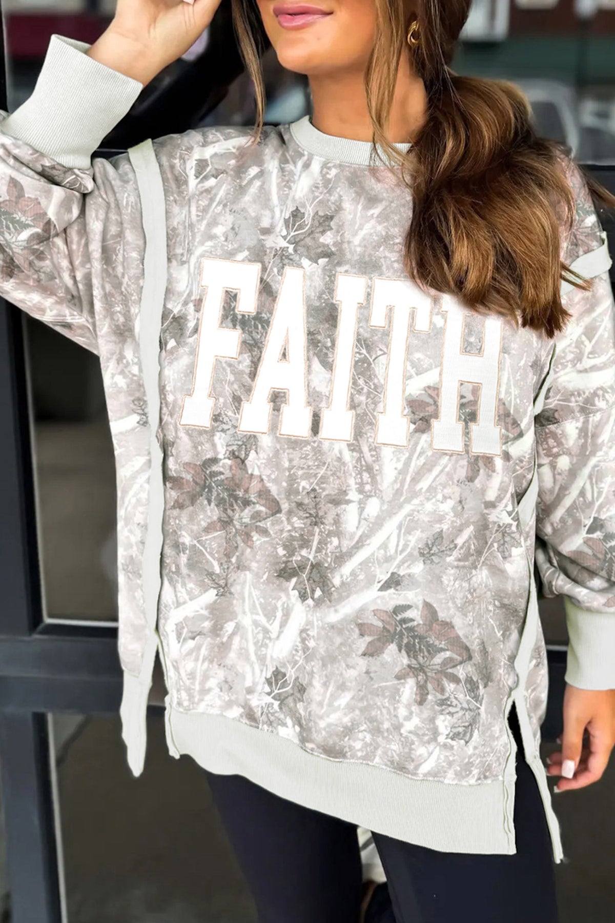 Gray Faith Embroidered Graphic Casual Pullover Camo Sweatshirt