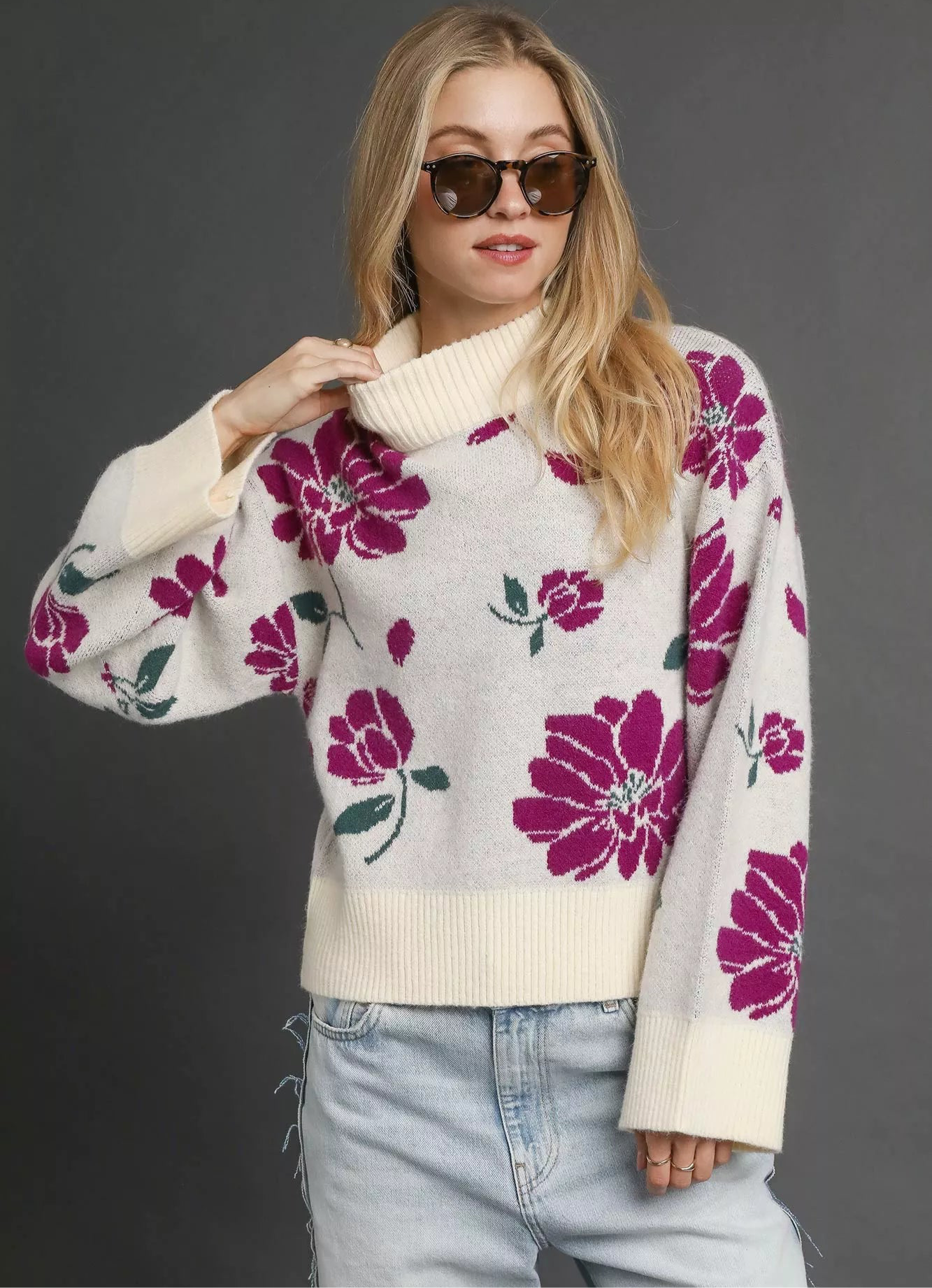 Umgee Floral Patterned Mock Neck Sweater