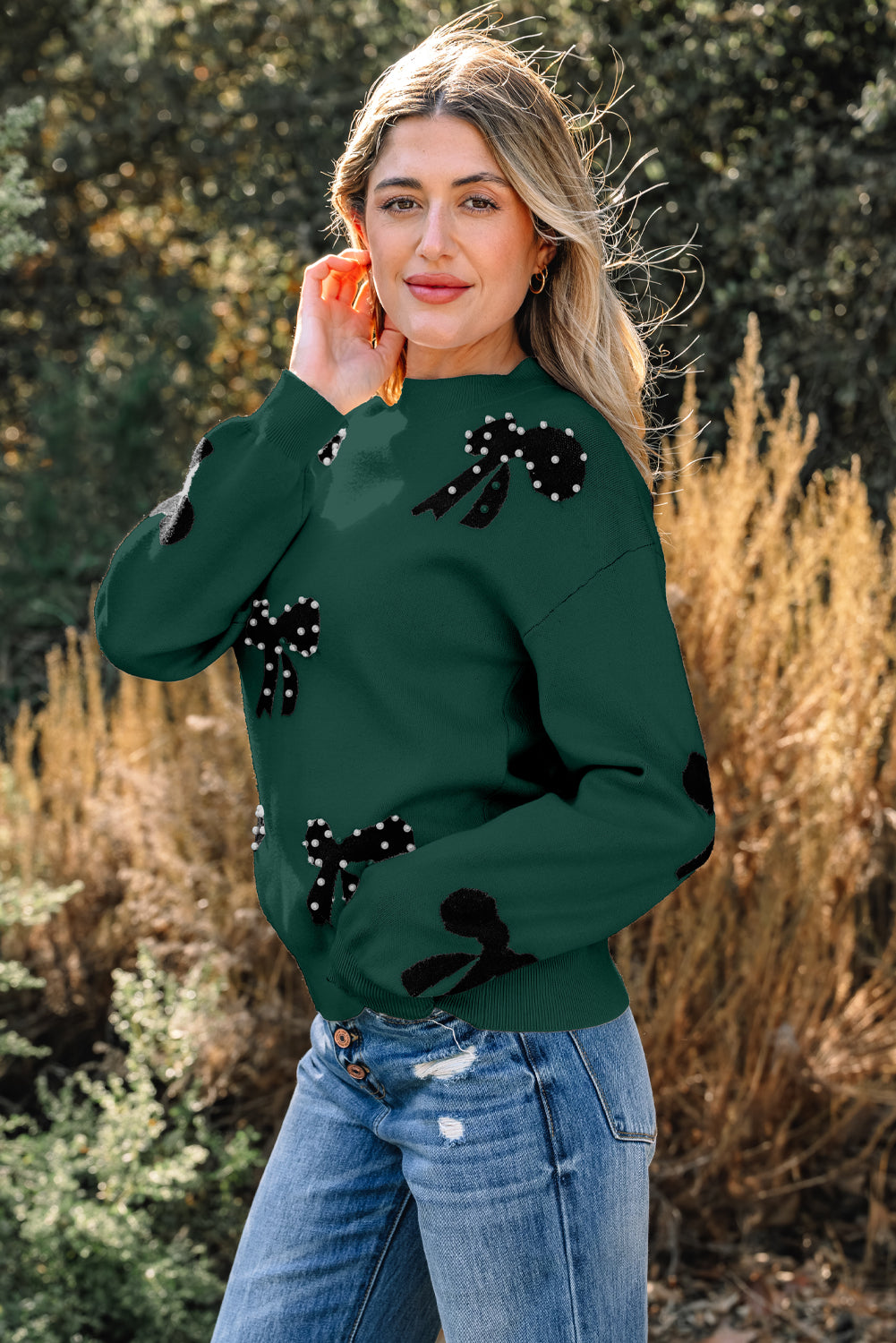 Smoke Gray Pearl Embellished Bow Pattern Loose Sweater