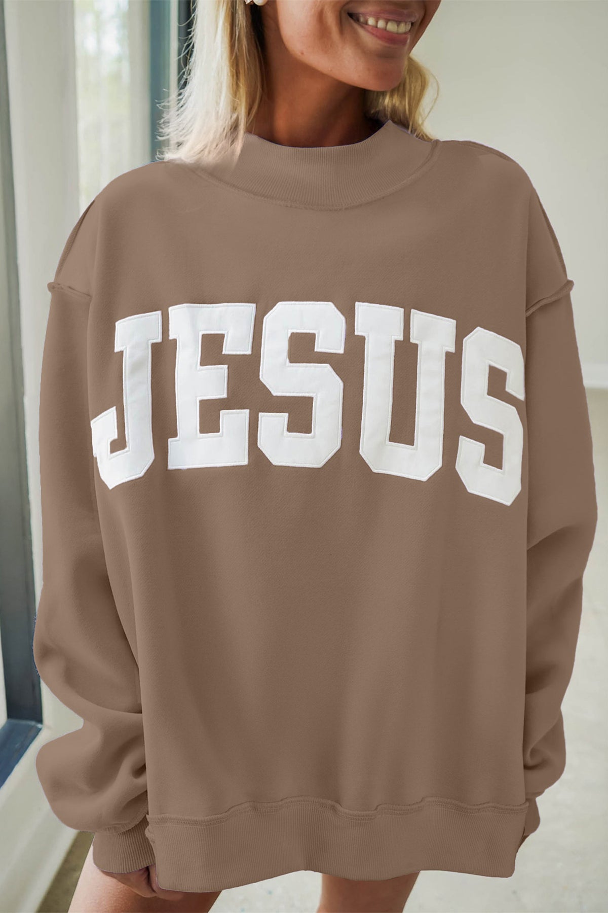 JESUS Graphic Exposed Seam Mock Neck Sweatshirt